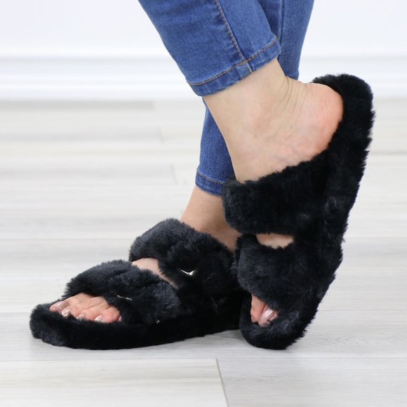 Black Puff Fuzzy Fluffy Slip On Plush Slippers Double Strap - Picture 13 of 16